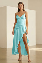 Aqua Spaghetti Straps Sheath Satin High Low Wedding Guest Dress With Ruffles - Curvevia
