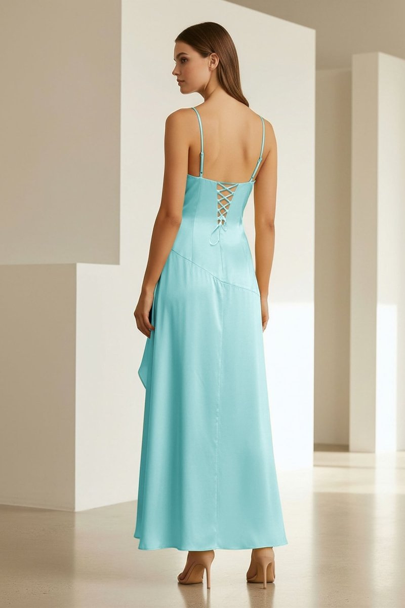 Aqua Spaghetti Straps Sheath Satin High Low Wedding Guest Dress With Ruffles - Curvevia