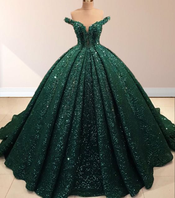 Dark Green Off The Shoulder Ball Gown Sequined Quinceanera Dress - Curvevia
