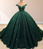 Dark Green Off The Shoulder Ball Gown Sequined Quinceanera Dress - Curvevia