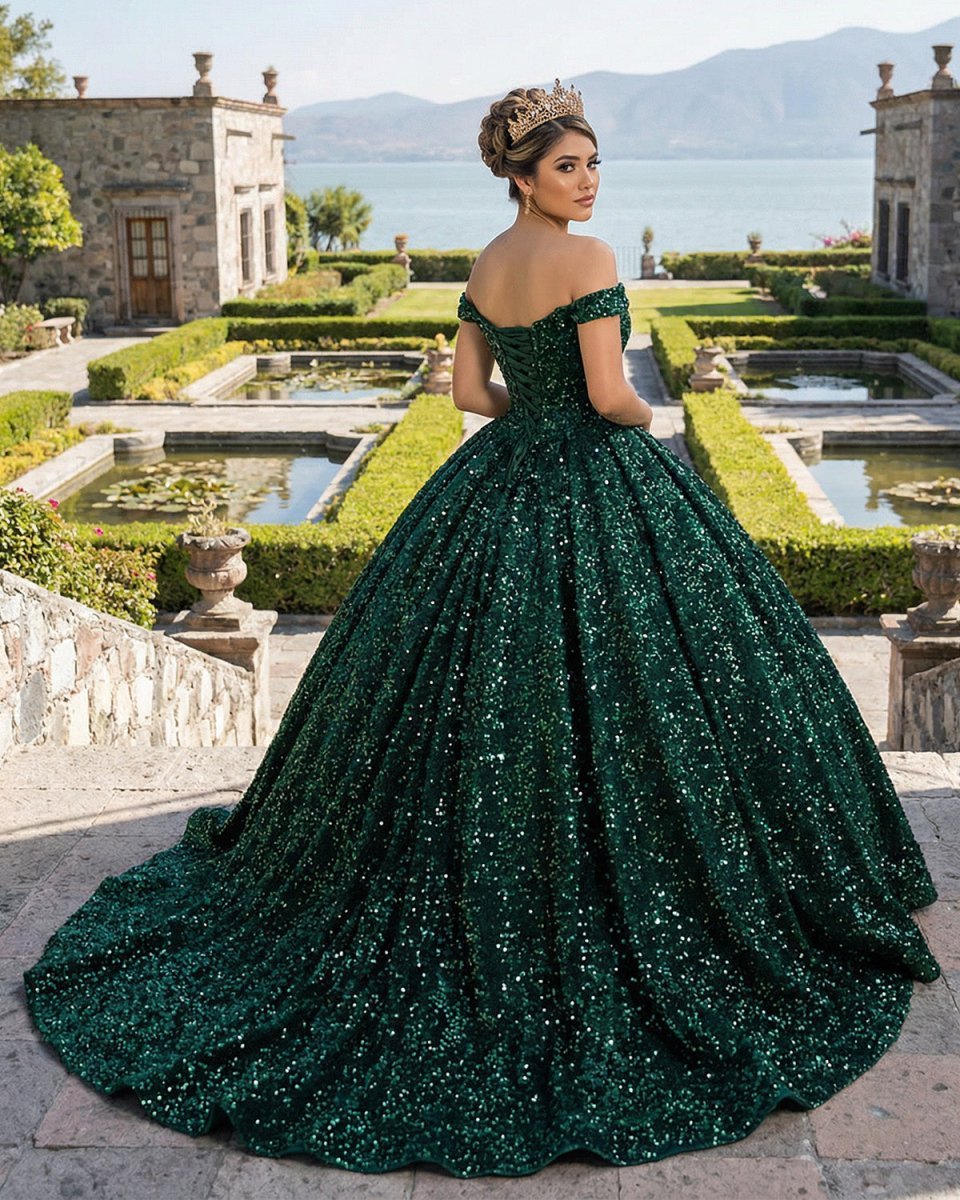 Dark Green Off The Shoulder Ball Gown Sequined Quinceanera Dress - Curvevia