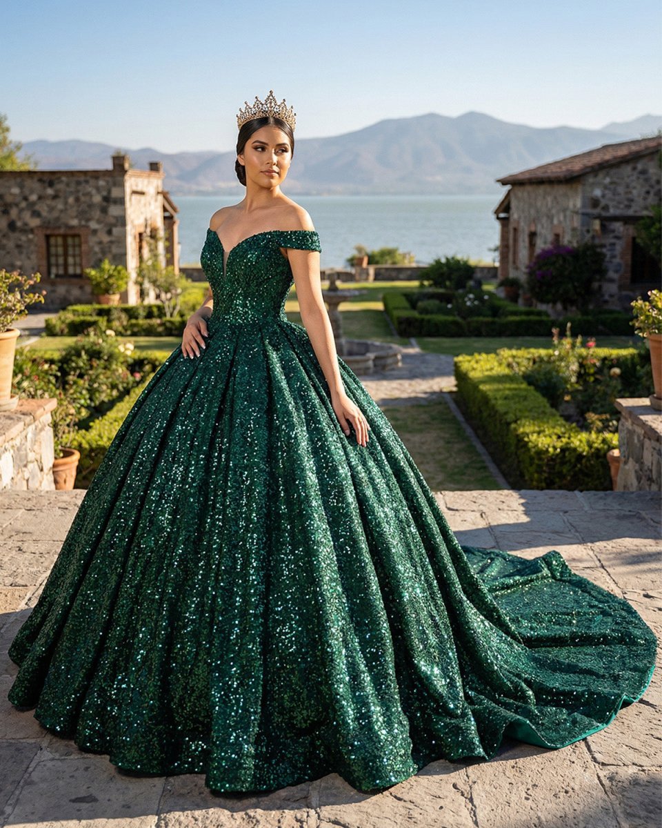 Dark Green Off The Shoulder Ball Gown Sequined Quinceanera Dress - Curvevia
