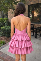 A-Line Deep Halter Satin Short Wedding Guest Dress with Ruffles - Curvevia