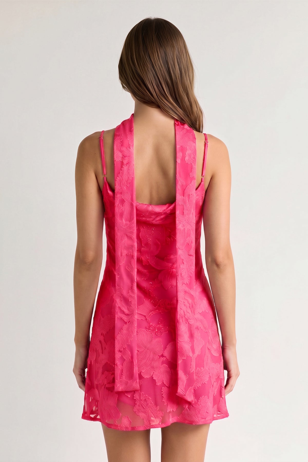 Red Jacquard Chiffon Cami Straps Sheath Homecoming Dress with Scarf - Curvevia