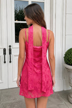 Red Jacquard Chiffon Cami Straps Sheath Homecoming Dress with Scarf - Curvevia