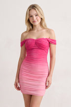 Hot Pink Off-the-Shoulder Pleated Tulle Sheath Homecoming Dress - Curvevia