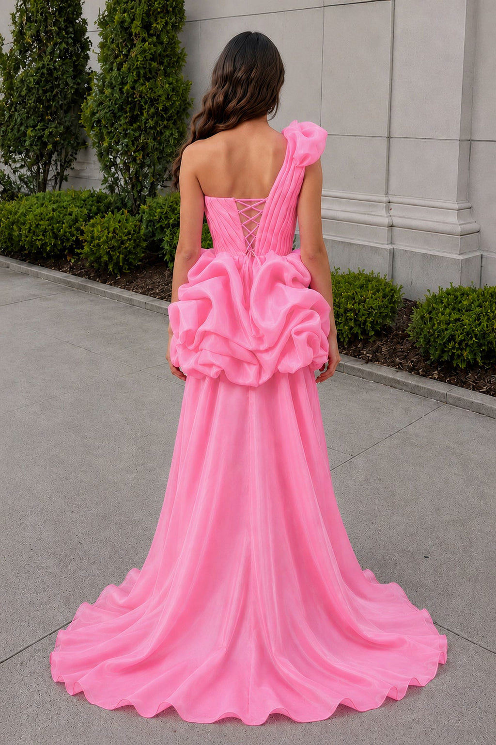 Hot Pink One Shoulder Organza High Low Homecoming Dress With Ruffles - Curvevia
