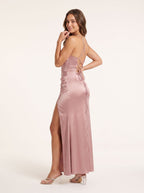 Rose Gold Satin Mermaid Straight Neck Backless Floor-Length Dress with Pleated Bodice - Curvevia