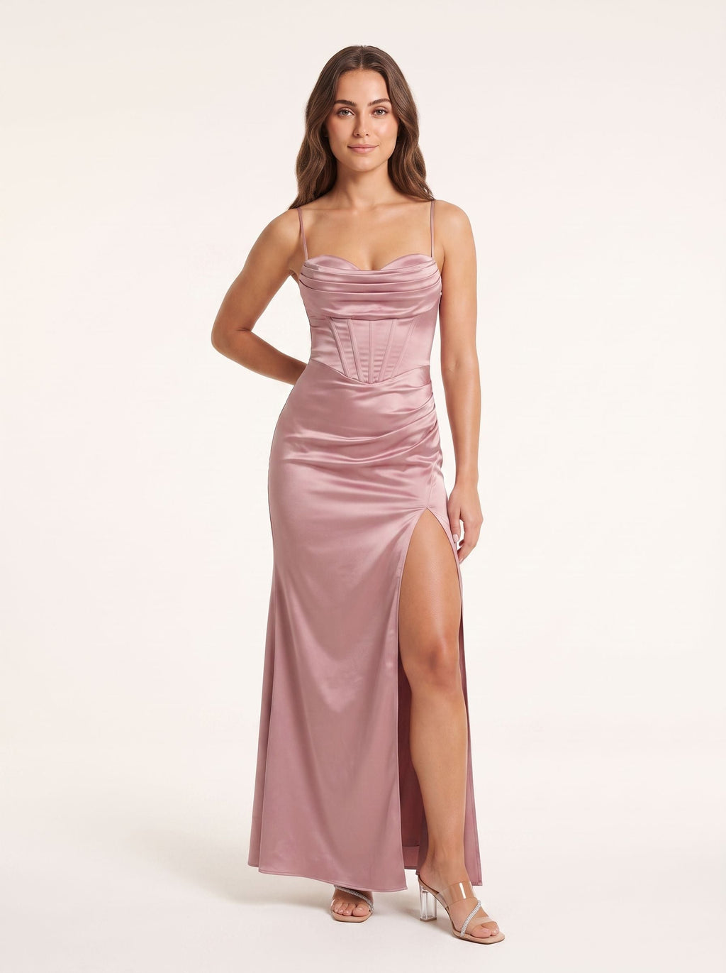 Rose Gold Satin Mermaid Straight Neck Backless Floor-Length Dress with Pleated Bodice - Curvevia