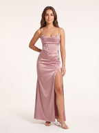 Rose Gold Satin Mermaid Straight Neck Backless Floor-Length Dress with Pleated Bodice - Curvevia