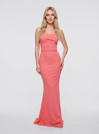 Coral Satin Sheath Straight Neck Back Zip Floor-Length Dress with Pleated Bodice - Curvevia