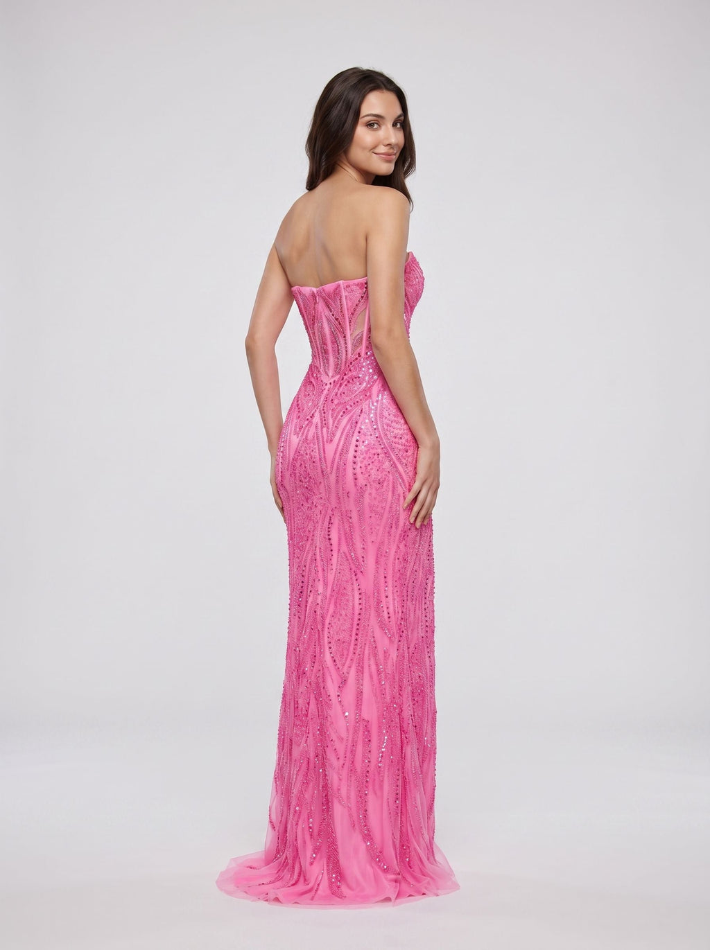 Pink Sequins Sheath Straight Neck Corset Back Floor-Length Dress with Sheer Illusion Waist - Curvevia