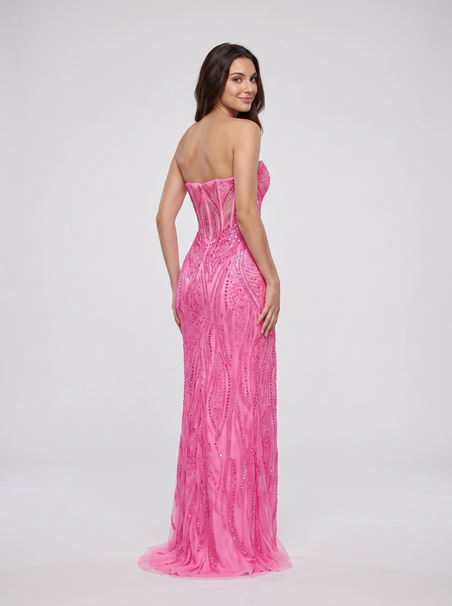 Pink Sequins Sheath Straight Neck Corset Back Floor-Length Dress with Sheer Illusion Waist - Curvevia