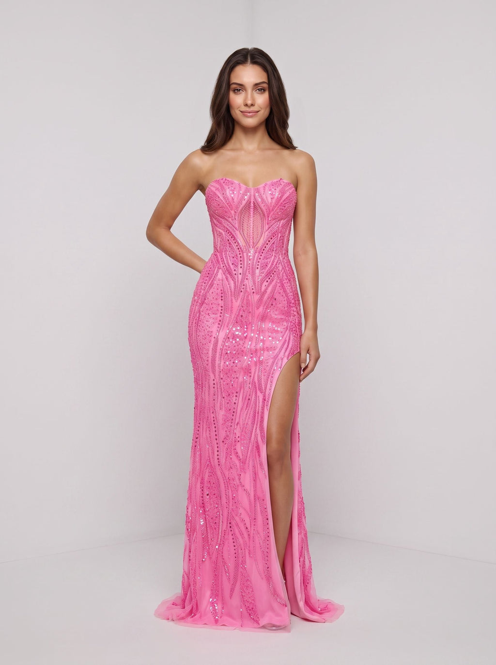 Pink Sequins Sheath Straight Neck Corset Back Floor-Length Dress with Sheer Illusion Waist - Curvevia