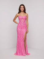 Pink Sequins Sheath Straight Neck Corset Back Floor-Length Dress with Sheer Illusion Waist - Curvevia