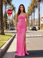 Pink Sequins Sheath Straight Neck Corset Back Floor-Length Dress with Sheer Illusion Waist - Curvevia