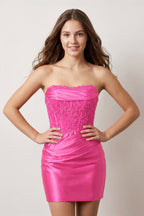 Navy Strapless Appliqued Sheath Satin Corset Homecoming Dress - Curvevia