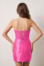 Navy Strapless Appliqued Sheath Satin Corset Homecoming Dress - Curvevia