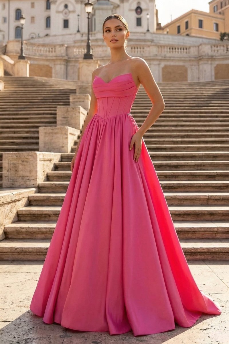 Hot Pink Sweetheart Lace-Up A-Line Long Wedding Guest Dress - Curvevia