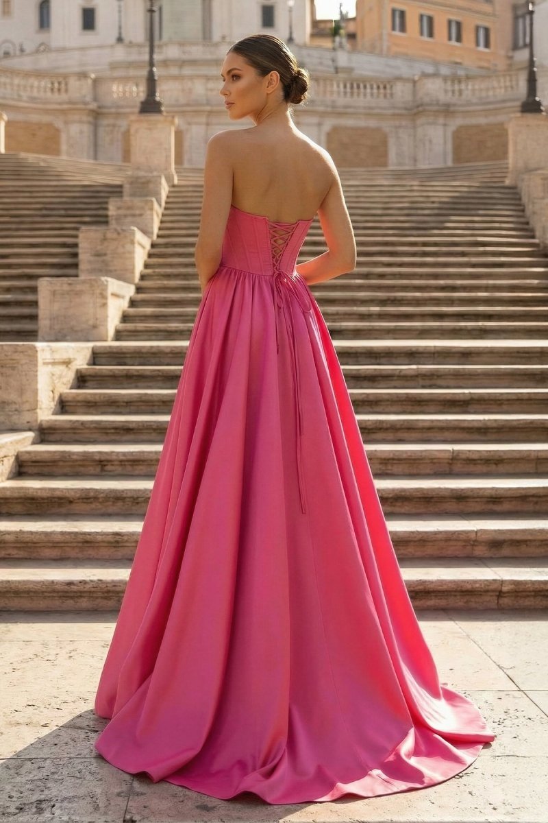 Hot Pink Sweetheart Lace-Up A-Line Long Wedding Guest Dress - Curvevia