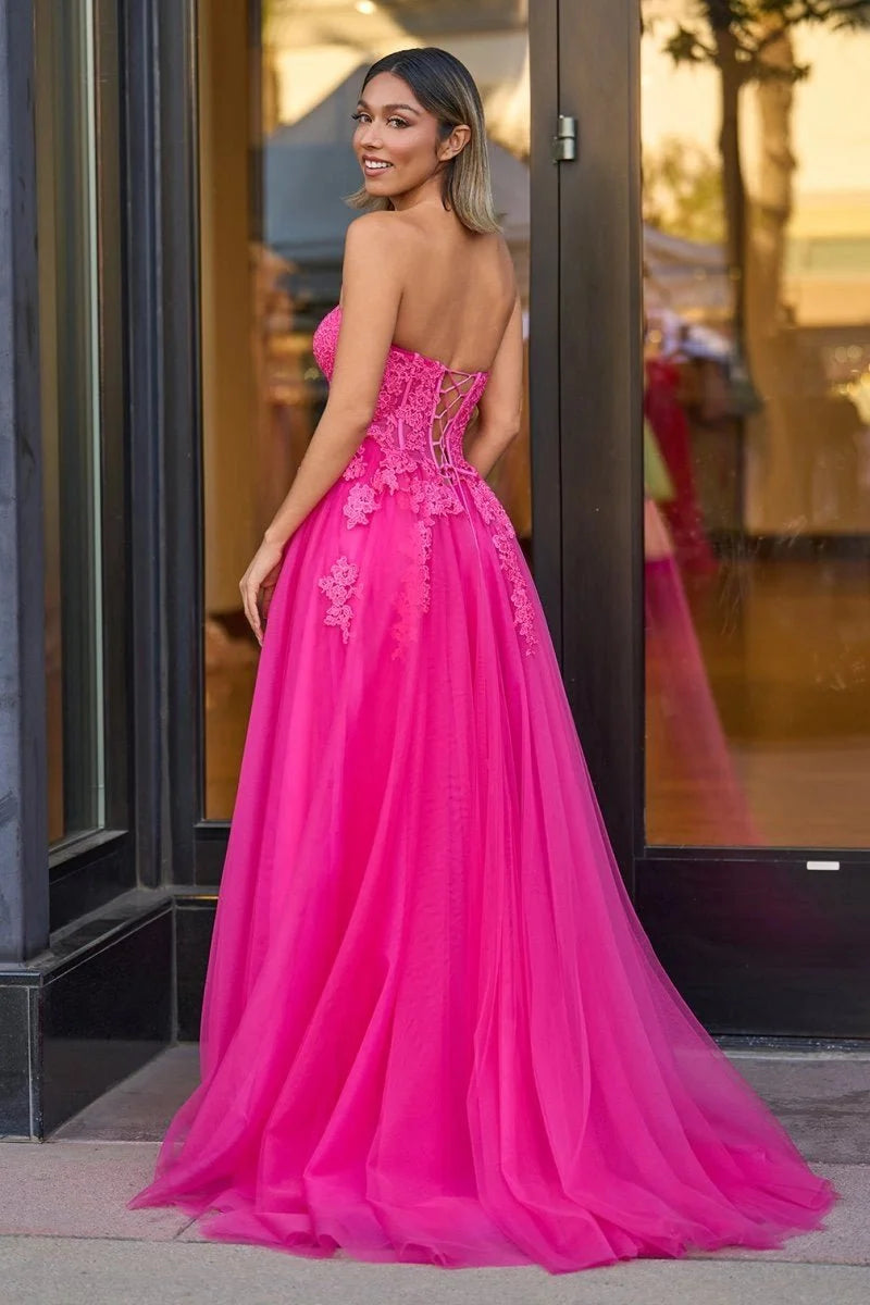 A-Line Hot Pink Tulle Lace Sweetheart Long Wedding Guest Dress - Curvevia