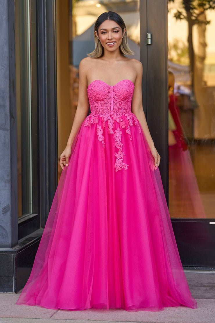 Hot Pink A-Line Tulle Lace Sweetheart Long Prom Dress - Curvevia