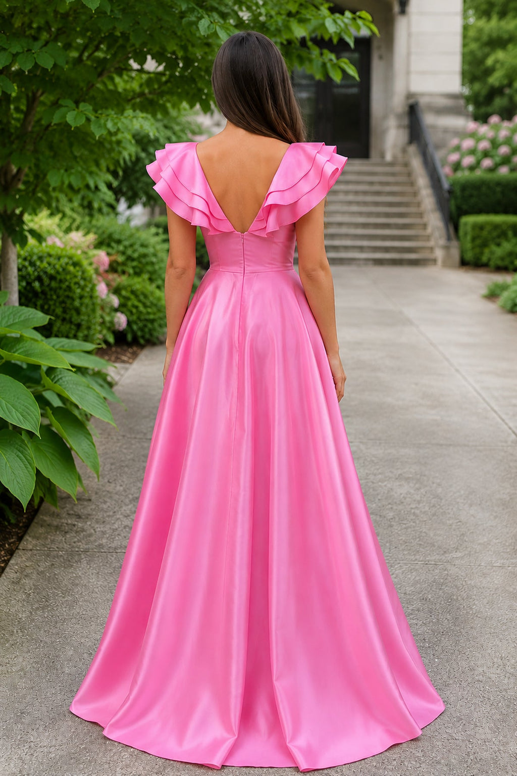 Hot Pink V-Neck Ruffle A-Line Long Wedding Guest Dress - Curvevia