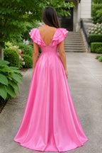 Hot Pink V-Neck Ruffle A-Line Long Wedding Guest Dress - Curvevia