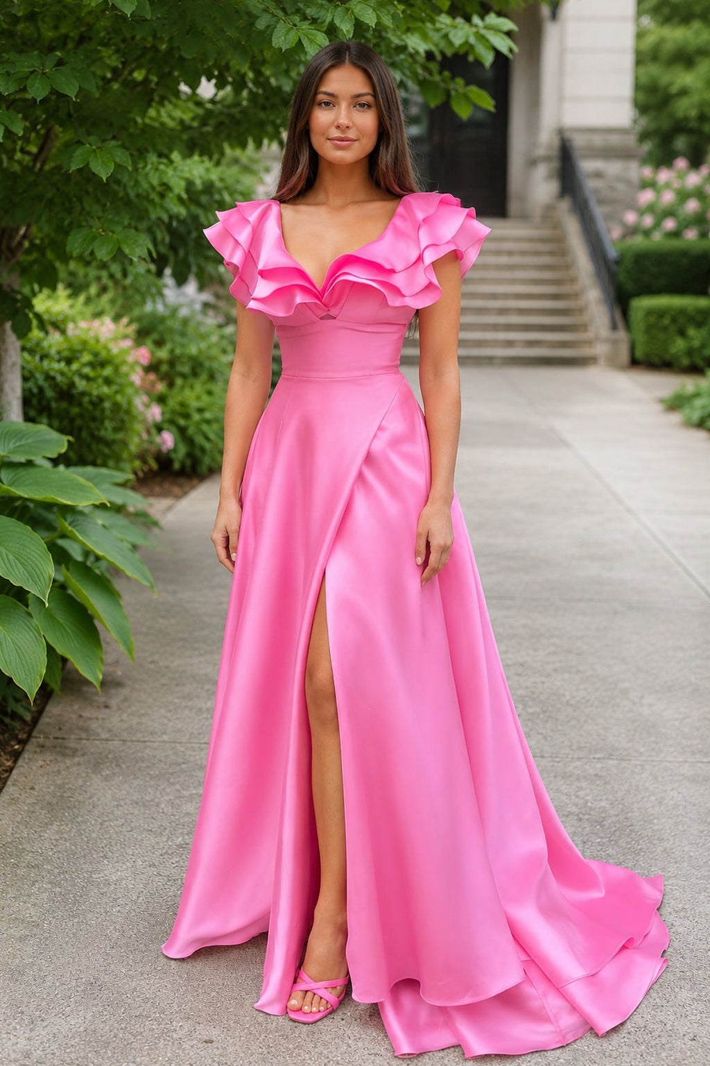 Hot Pink V-Neck Ruffle A-Line Long Wedding Guest Dress - Curvevia