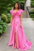 Hot Pink V-Neck Ruffle A-Line Long Wedding Guest Dress - Curvevia