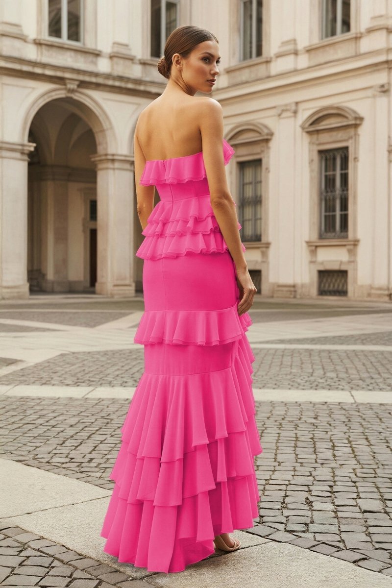 Pink Strapless Sheath Chiffon Ruffled Long Wedding Guest Dress - Curvevia