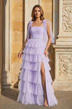 Light Blue Pleated Ruffle Mother of the Bride Dress with Bow Tie Straps - Curvevia