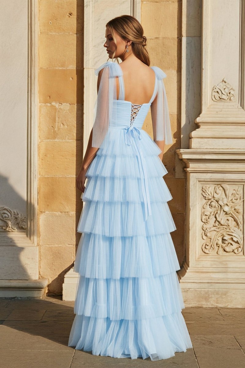 Light Blue Pleated Ruffle Mother of the Bride Dress with Bow Tie Straps - Curvevia
