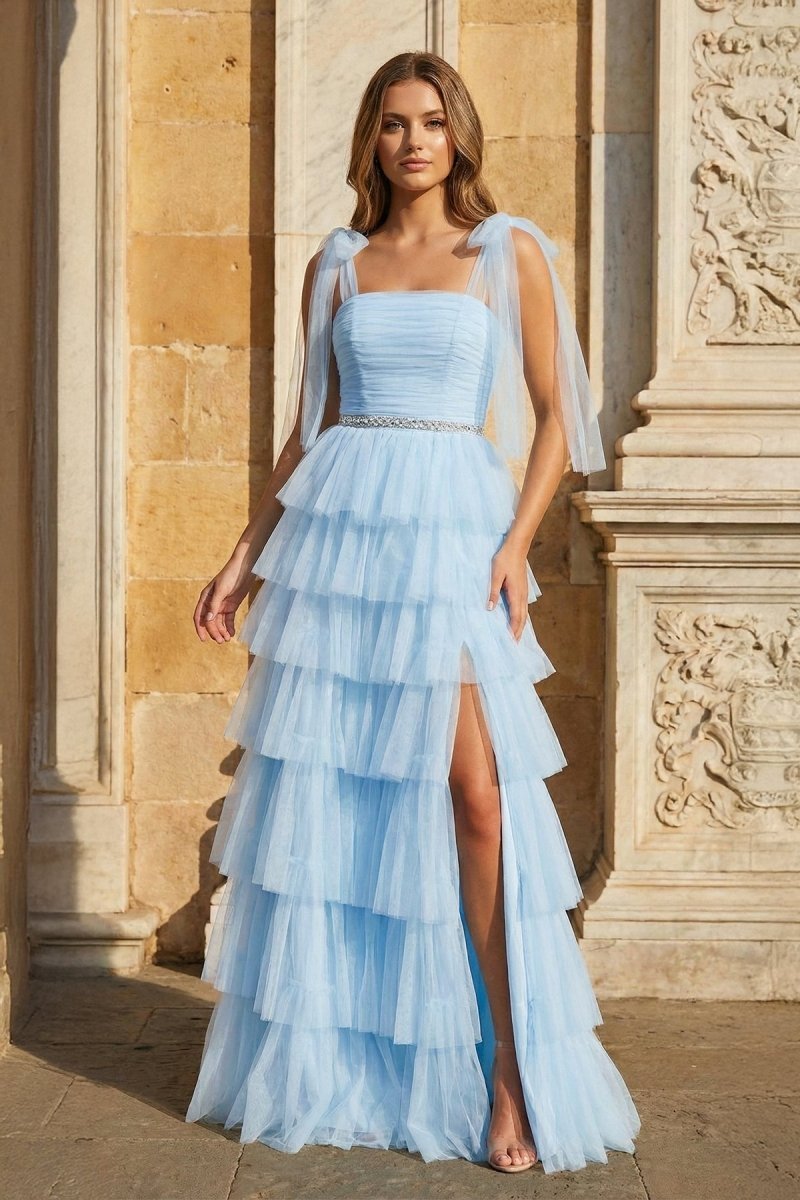 Light Blue Pleated Ruffle Mother of the Bride Dress with Bow Tie Straps - Curvevia