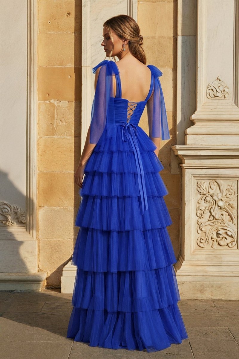 Light Blue Pleated Ruffle Mother of the Bride Dress with Bow Tie Straps - Curvevia