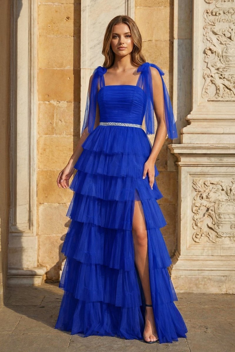 Light Blue Pleated Ruffle Mother of the Bride Dress with Bow Tie Straps - Curvevia