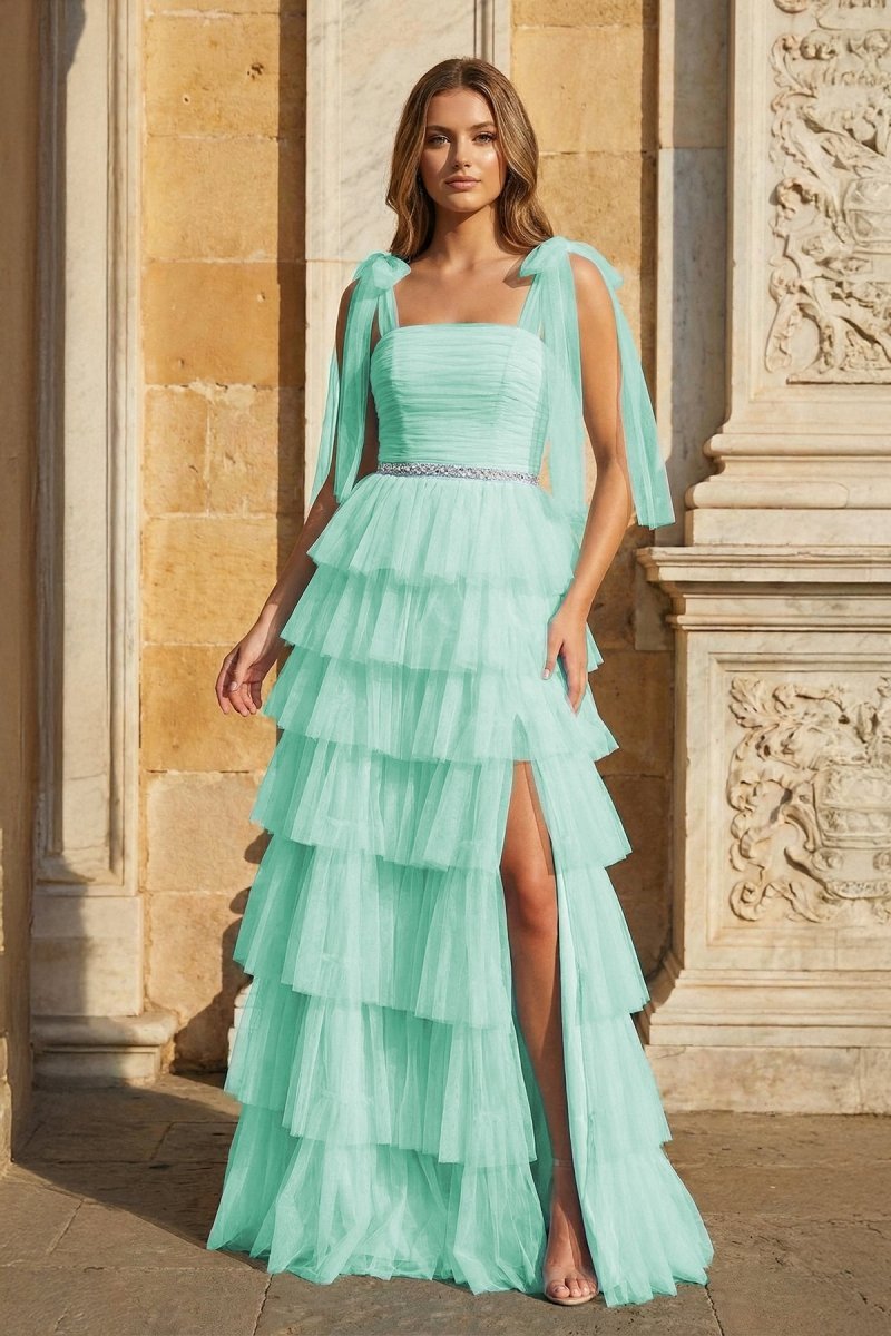 Light Blue Pleated Ruffle Mother of the Bride Dress with Bow Tie Straps - Curvevia