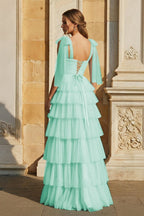 Light Blue Pleated Ruffle Mother of the Bride Dress with Bow Tie Straps - Curvevia
