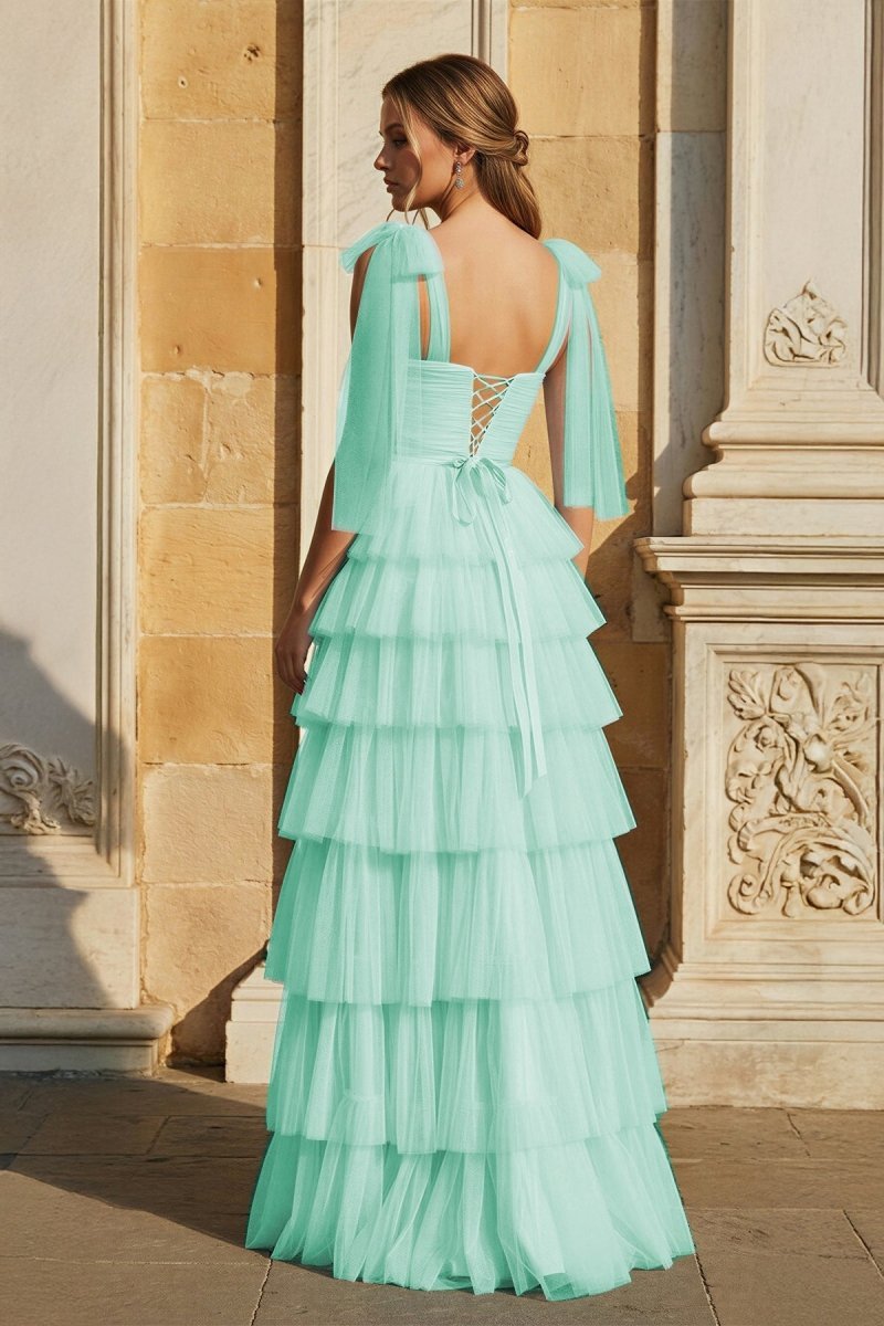 Light Blue Pleated Ruffle Mother of the Bride Dress with Bow Tie Straps - Curvevia