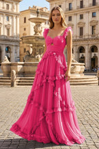 A-Line Straps Sky Blue Chiffon Ruffles Long Prom Dress - Curvevia