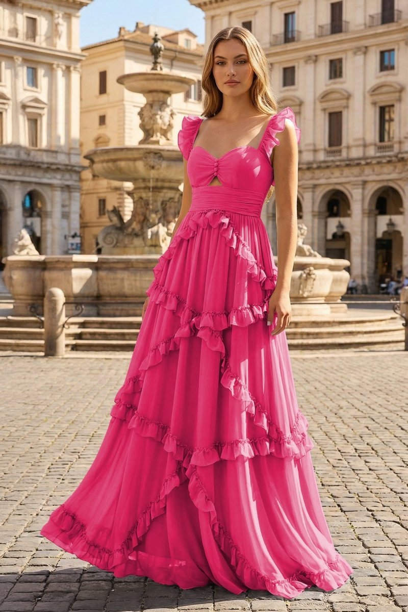 A-Line Straps Sky Blue Chiffon Ruffles Long Prom Dress - Curvevia
