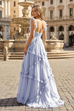 A-Line Straps Sky Blue Chiffon Ruffles Long Prom Dress - Curvevia
