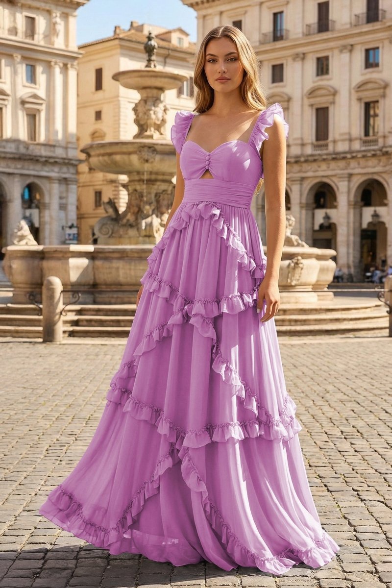 A-Line Straps Sky Blue Chiffon Ruffles Long Prom Dress - Curvevia