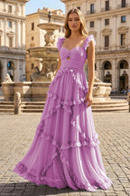 A-Line Straps Sky Blue Chiffon Ruffles Long Prom Dress - Curvevia