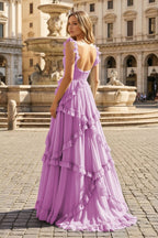 A-Line Straps Sky Blue Chiffon Ruffles Long Prom Dress - Curvevia