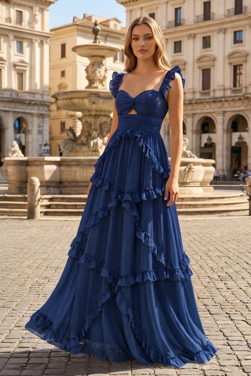 A-Line Straps Sky Blue Chiffon Ruffles Long Prom Dress - Curvevia
