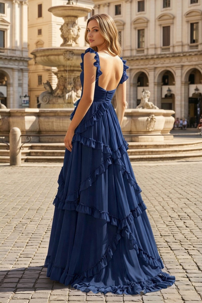 A-Line Straps Sky Blue Chiffon Ruffles Long Prom Dress - Curvevia