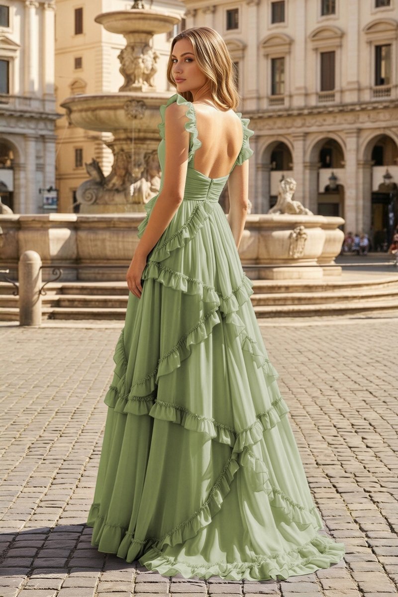 A-Line Straps Sky Blue Chiffon Ruffles Long Prom Dress - Curvevia