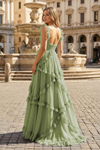 A-Line Straps Sky Blue Chiffon Ruffles Long Prom Dress - Curvevia
