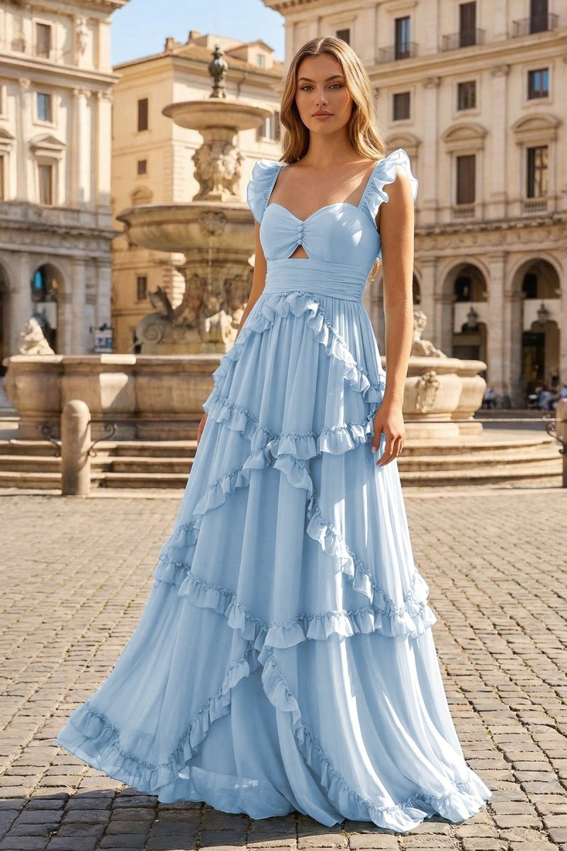 A-Line Straps Sky Blue Chiffon Ruffles Long Prom Dress - Curvevia